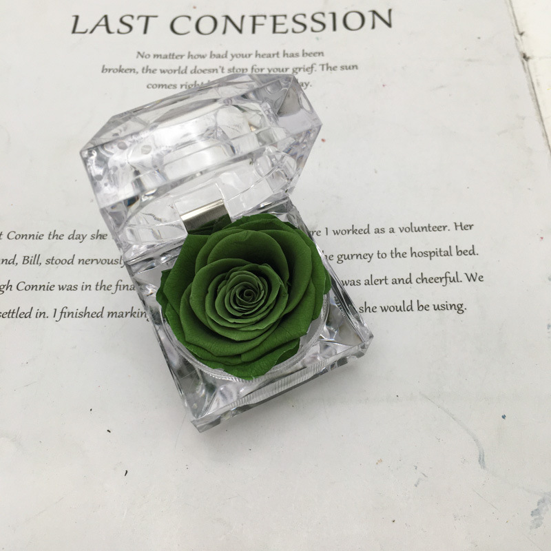 Caja de anillo acrílico transparente de rosa eterna confesión de flores verdaderas Qixiao regalo de día de San Valentín caja de regalo de anillo de vida eterna
