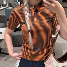 天花板毒家新品原标MIU缪家女款美拉德色修身条纹Polo领短袖T恤