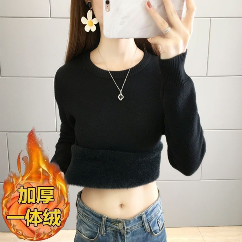 一体绒毛衣低领冬季加绒加厚修身毛衣女内搭简约针织加绒打底衫女