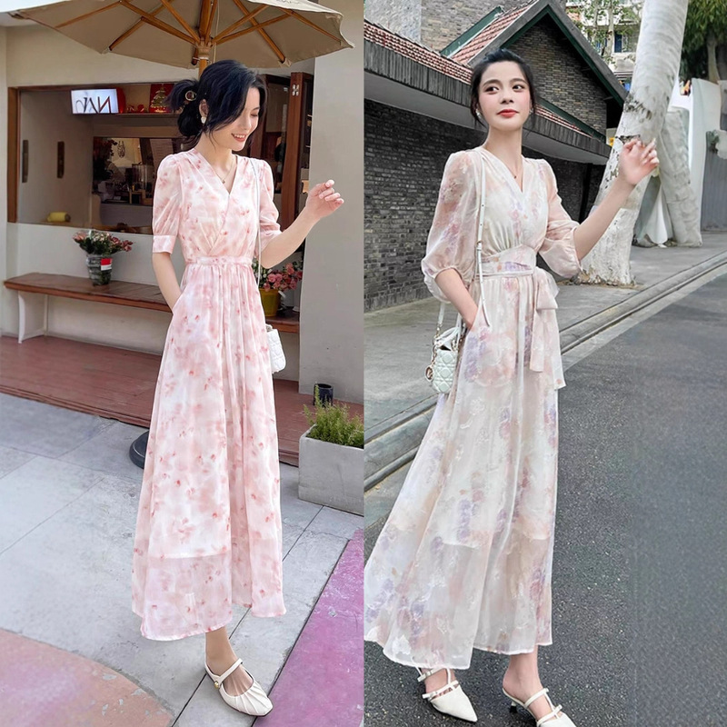 法式茶歇风碎花连衣裙女夏季新款气质收腰显瘦中长裙批发|undefined