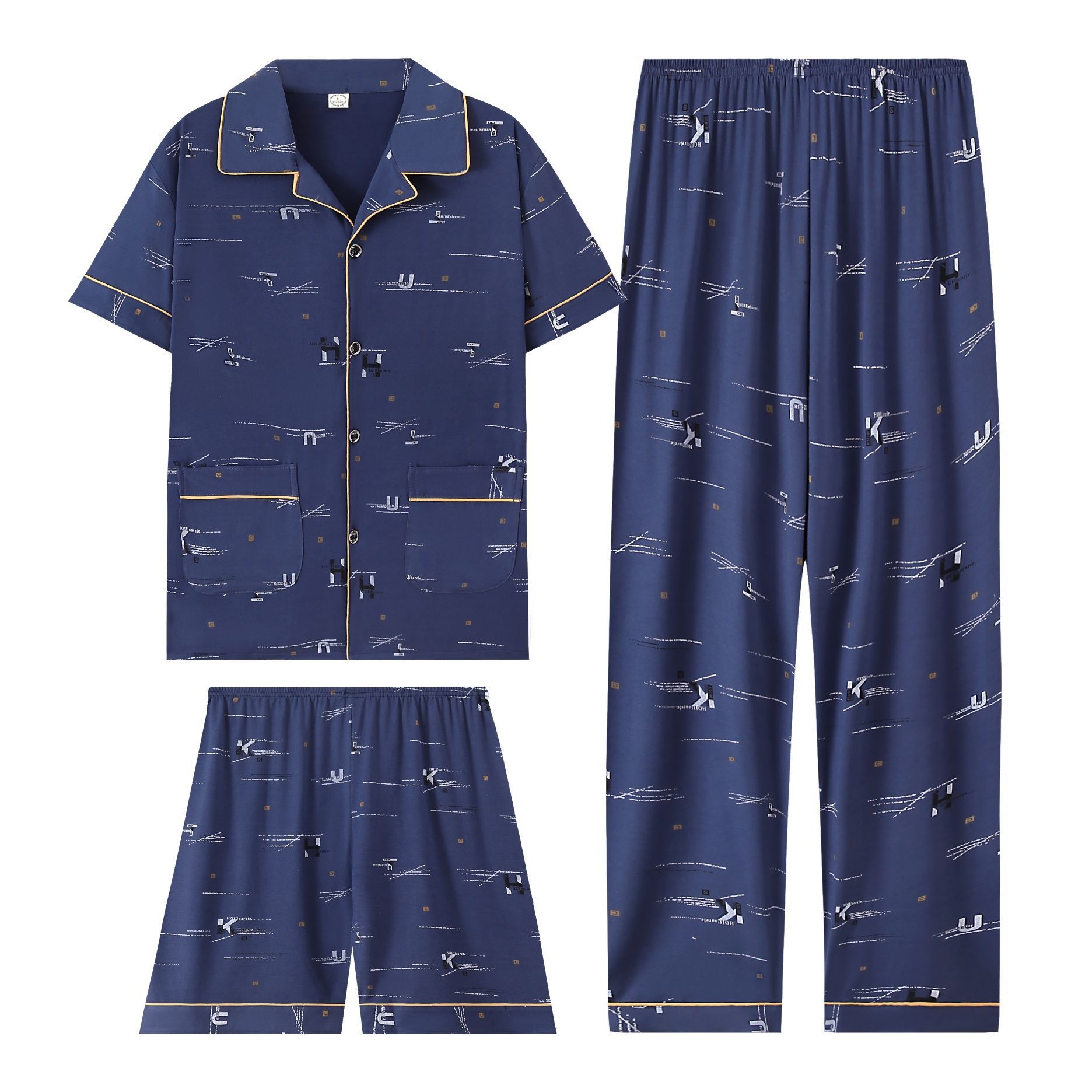 Pijama de hombre de algodón de verano de mangas cortas pantalones largos de tres piezas delgados de ropa de casa de jóvenes y medianos más tamaño conjunto