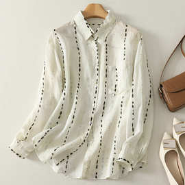 现货秋季秋季老钱风水滴印棉麻波西米亚风防晒透气长袖开衫衬衫女