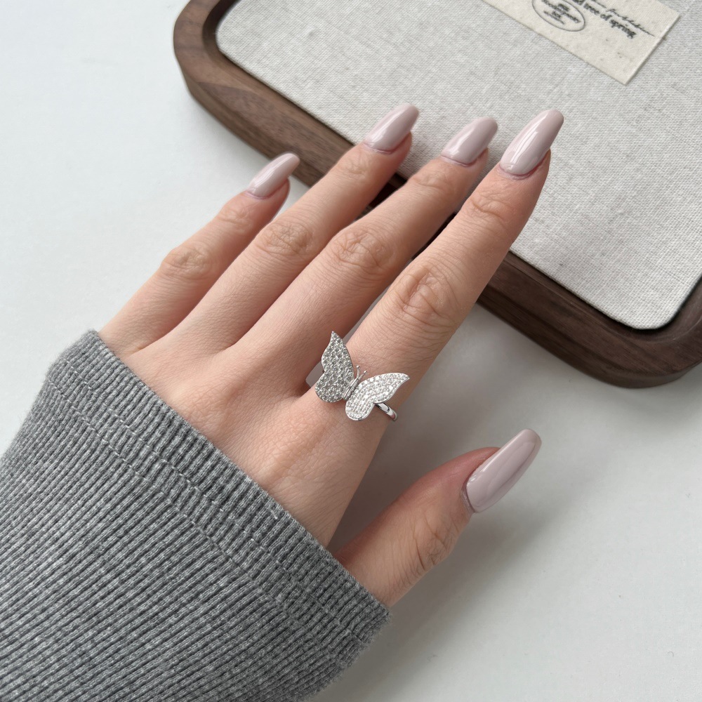 5g Weight Zircon Inlay Material Open Rings, Rings Classification 6, 9, Adjustable Ring Size 1 Piece Quantity Daily, Tea Party Occasion 925 Sterling Silver Material Butterfly Pattern Women's Gender Inlay Design Sweet, Shiny Style 925 Sterling Silver Zircon Butterfly Open Rings Rings 15