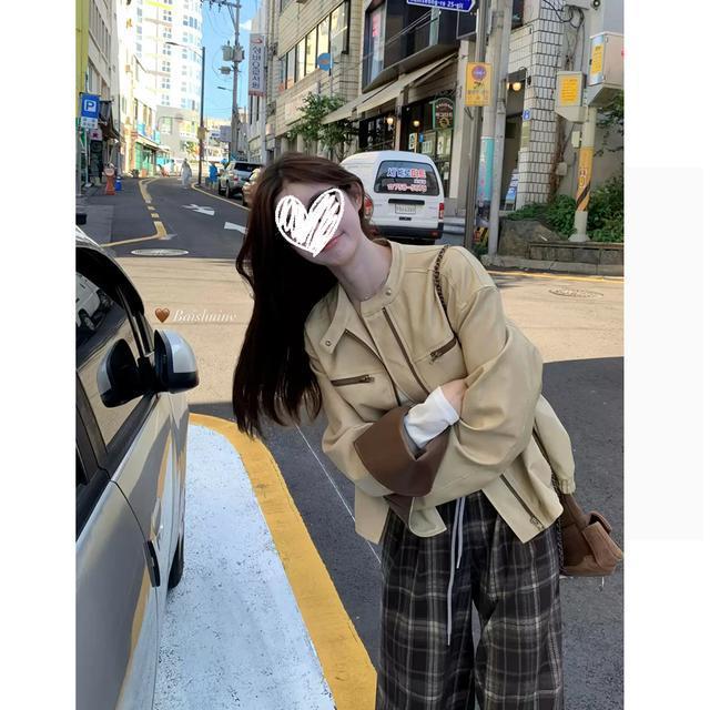 三十八2025春季撞色皮衣女韩系气质复古设计感宽松时尚高级感外套|undefined