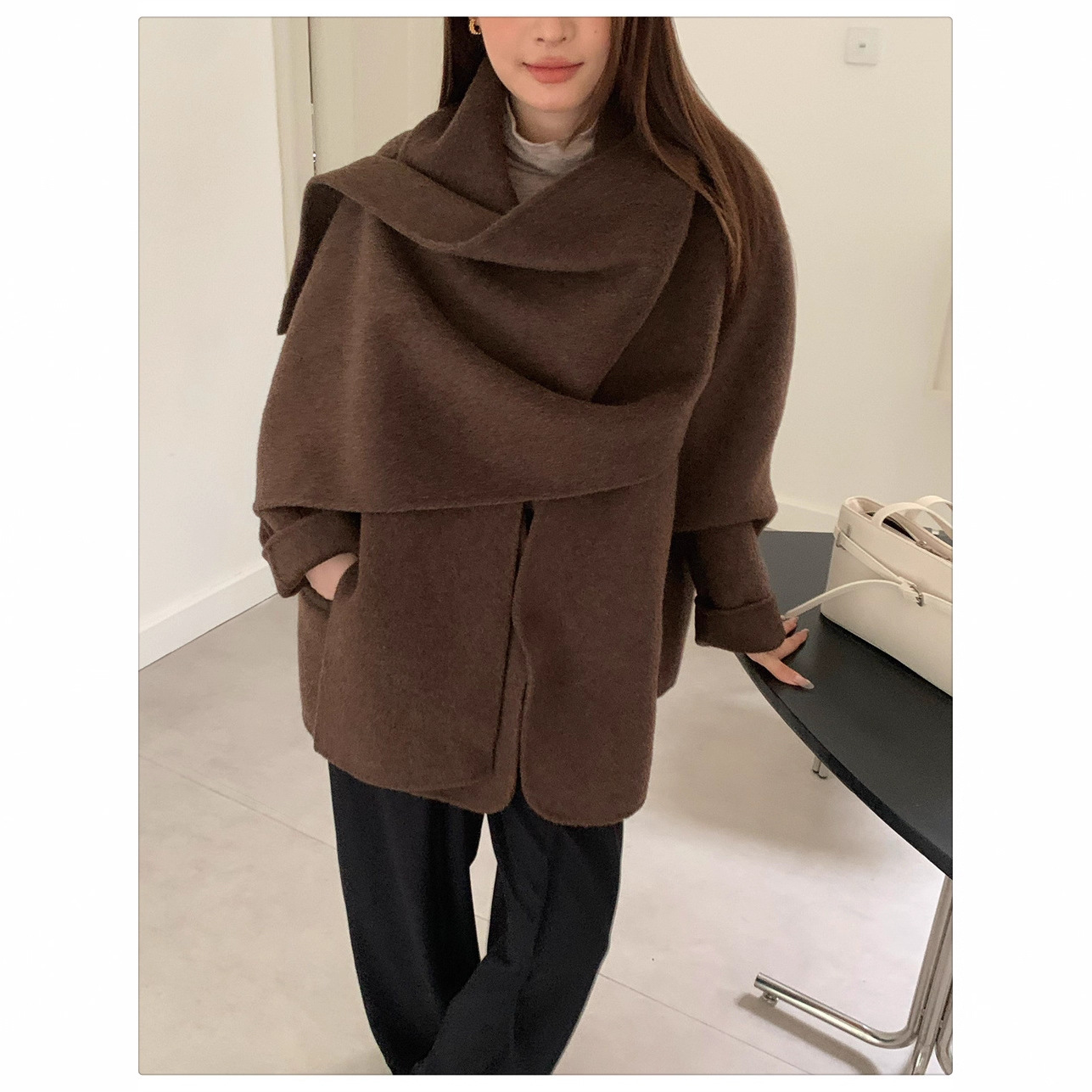 Double-Sided Hand-Sewn Scarf Cape Coat for Women, New Autumn and Winter Loose Korean Style Woolen Shawl Short Coat Trendy