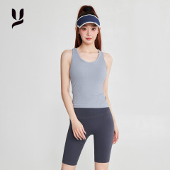 跨境无缝收腰瑜伽服背心一体式固定杯外穿无袖健身服运动内衣上衣