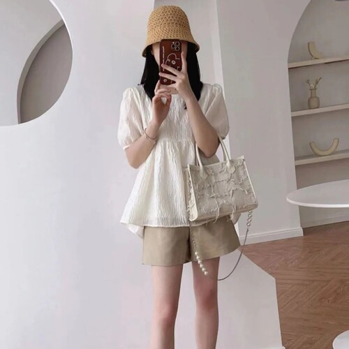 Women's Summer New Slimming Square Collar Puff Sleeve Shirt, French Texture Babydoll Top with Short Sleeve