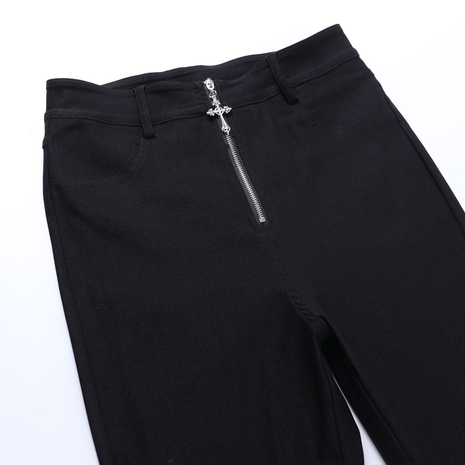 Pantalones acampanados de cintura alta de estilo gótico de color sólido con cremallera de crucifixión NSGYB116449