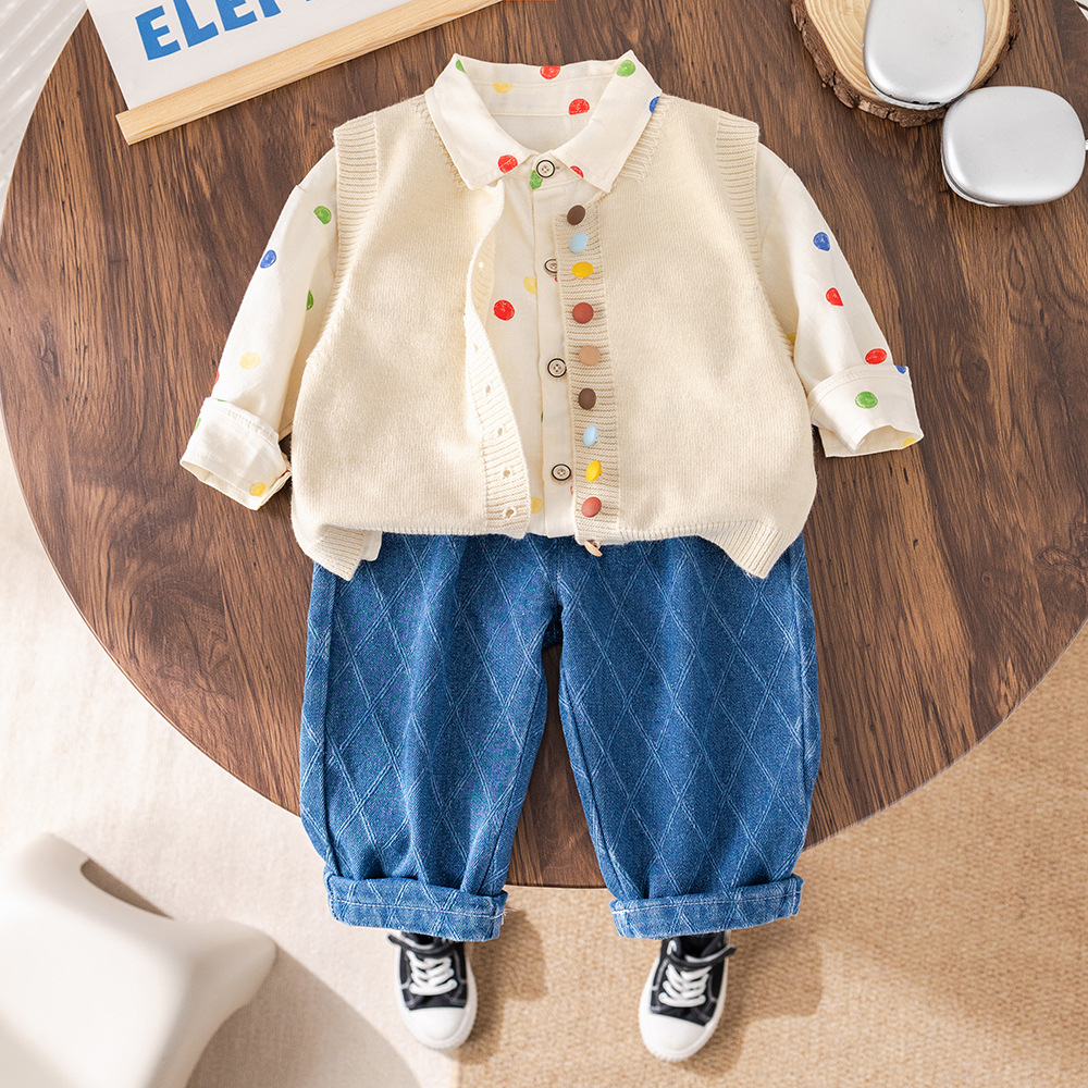 Ensemble trois pièces pour garçon, pull à boutons colorés, nouvelle collection printemps-automne 2025, tenue élégante à manches longues pour bébé_voghion.com