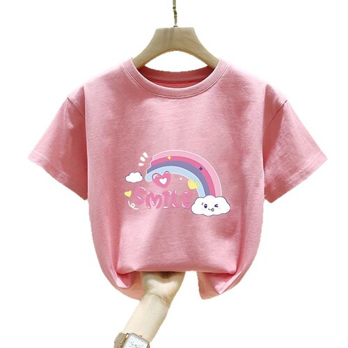 2414# Girls Rainbow Half-Sleeve Summer Medium and Large Children's Short-Sleeve Pure Cotton T-shirt School Uniform Children's Clothing Boys Cartoon T-shirt