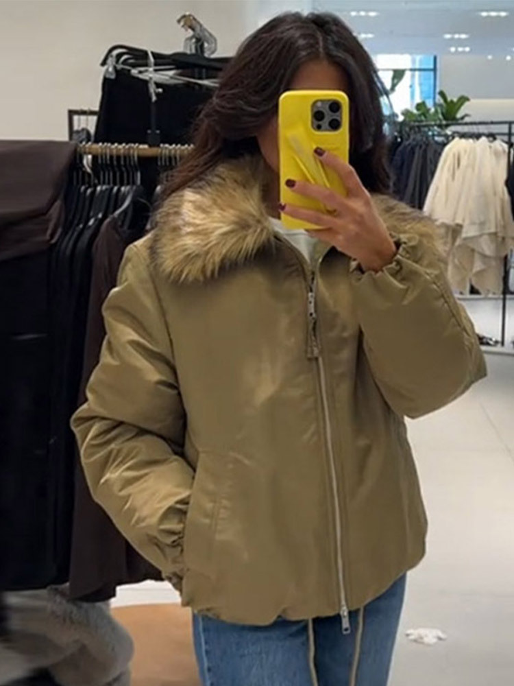 Chaqueta con Cremallera y Cuello de Peluche de Poliéster Holgada