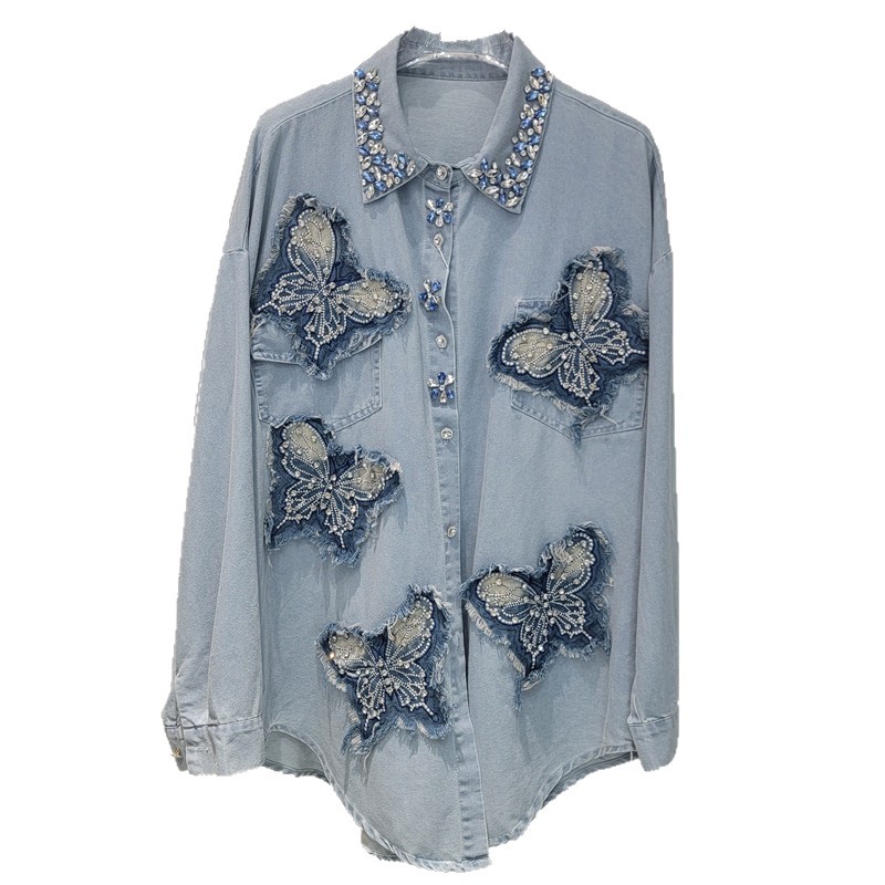 Suéter vaquero de diamante con cuentas de clavos de Heavy Industries blusa de mariposa femenina bordada con diamantes con solapa suelta de media y larga moda de blusa image 5