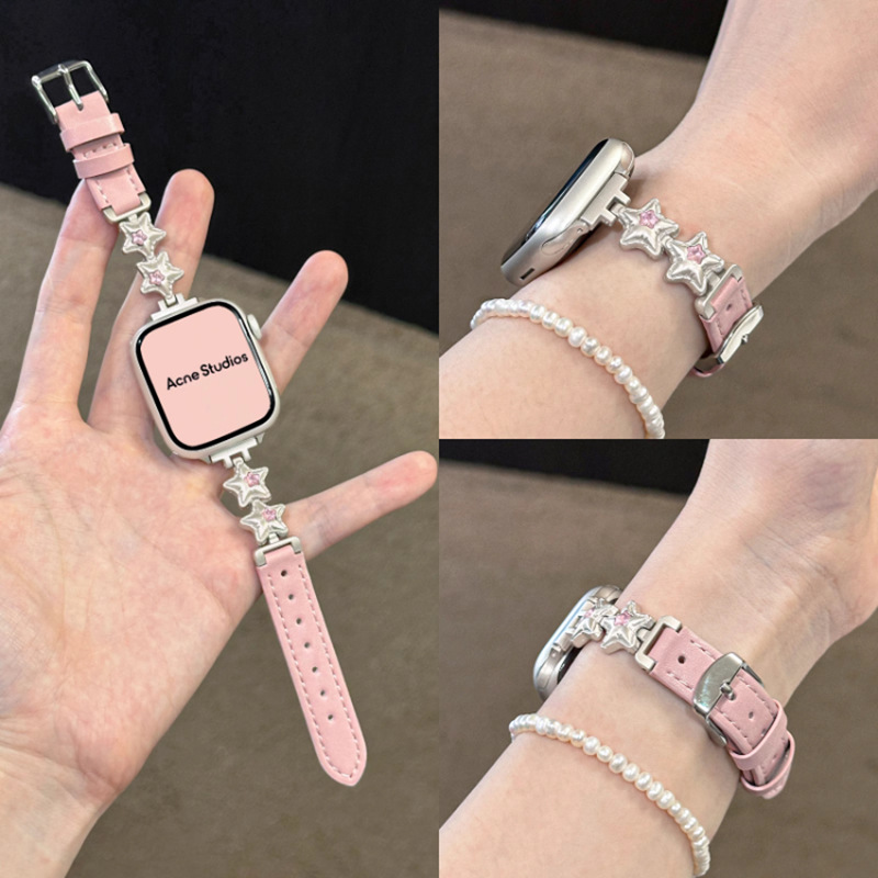 Suitable for Apple Watch S10 Strap Star Diamond iWatch Leather Applewatch Women's Leather Strap