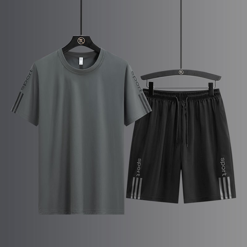 Trajes deportivos de hielo de verano para hombres, camisetas de dos piezas para hombres, pantalones casuales de hielo de manga corta para hombres, pantalones cortos de secado rápido para hombres, moda