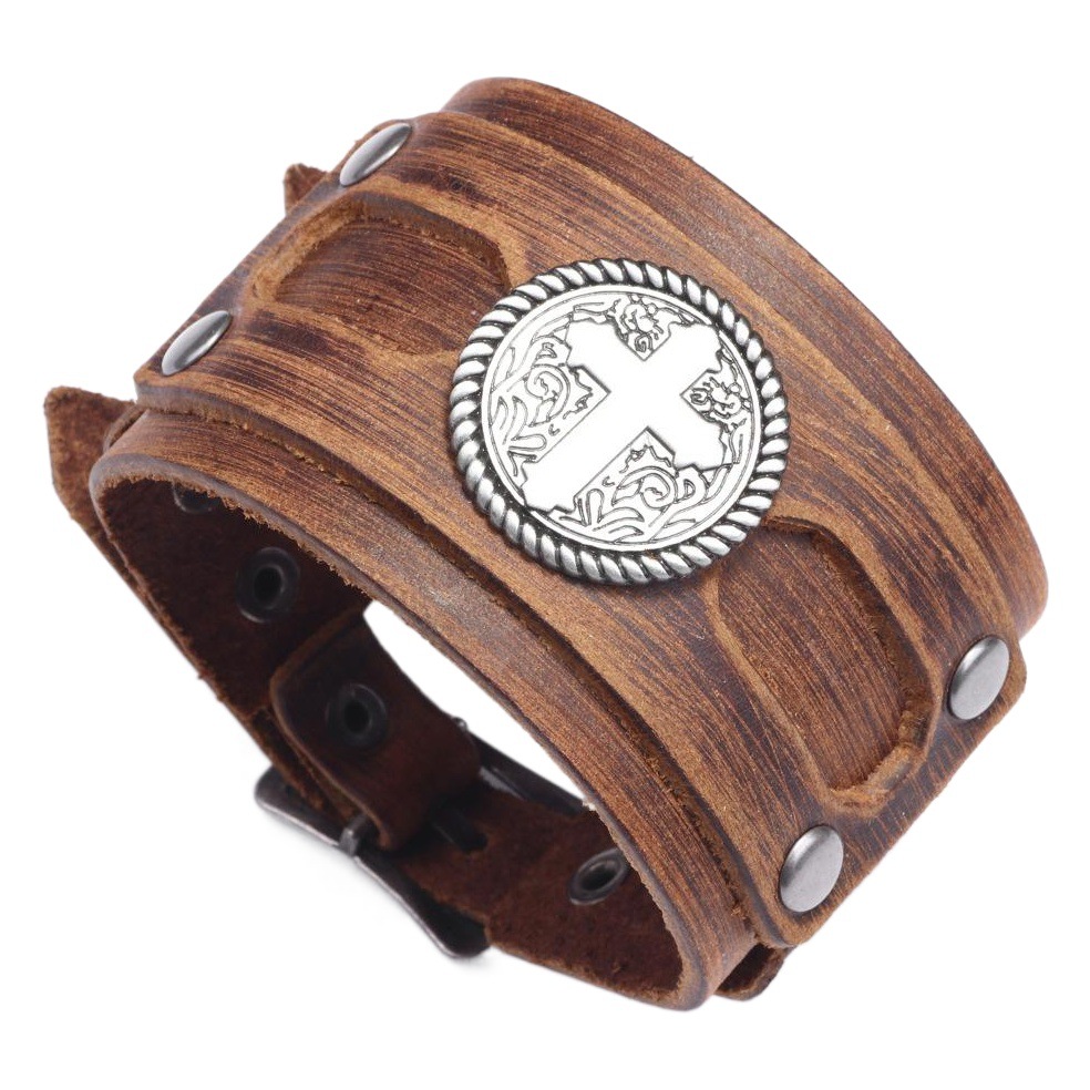 Pulsera de cuero de vaca de estilo punk popular europeo y americano Cruz ancha pulsera de cuero de los hombres transfronteriza Venta caliente fábrica al por mayor