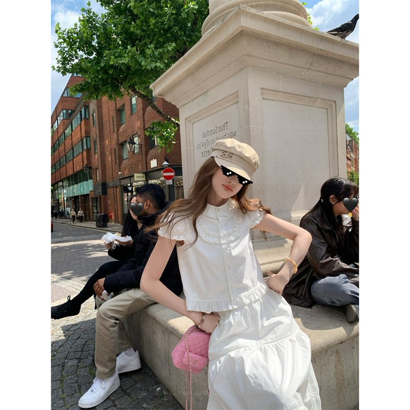 Aaaaxbbb Love in Brussels Ruffle Suit Lace Short Skirt Doll Collar Shirt Top Long Skirt for Women