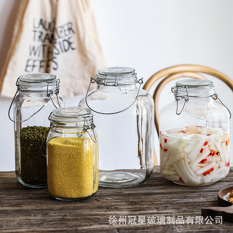跨境手提玻璃密封罐透明大容量家用厨房泡菜杂粮收纳储物罐批发