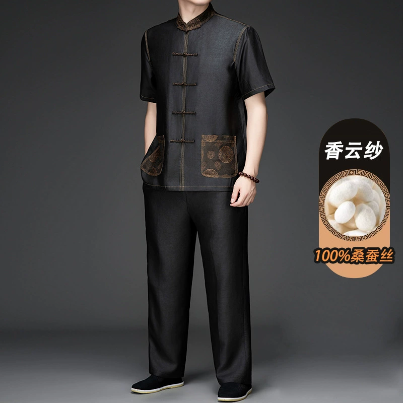 Silk set for elderly, shirt, Chinese style, for middle age, with short sleeve