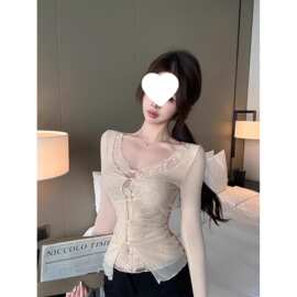 秋冬纯欲甜辣妹假两件蕾丝打底衫女内搭设计感修身微透长袖薄上衣