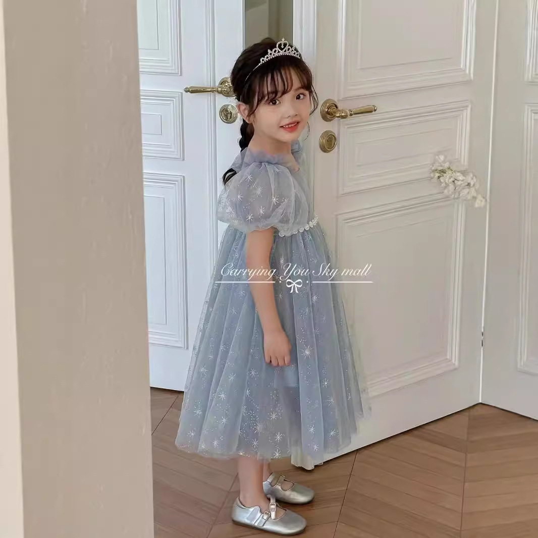 2024春夏新款女童冰雪奇缘爱沙公主裙泡泡袖雪花网纱裙礼服