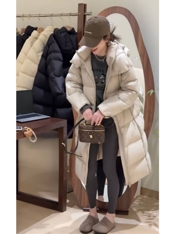 ~爆款连帽鹅绒服2025年女冬韩系加厚宽松过膝长款白鹅绒保暖外套|undefined