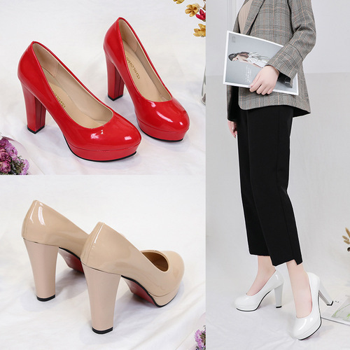 New women's high-heeled single shoes, thick heels, four-season OL work shoes, emcee, etiquette, professional women's shoes, long-term production