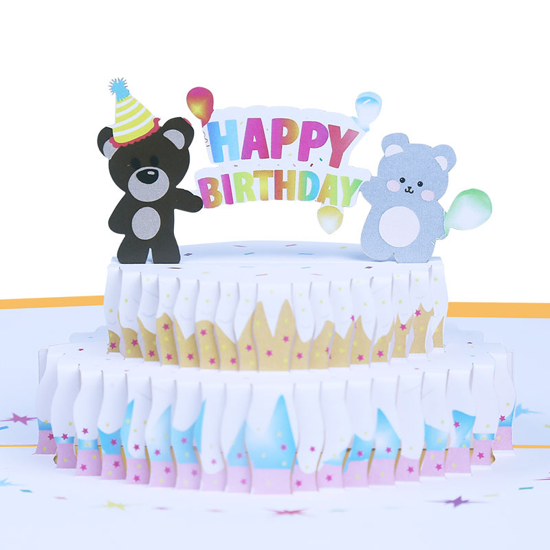 Manufacturer supply creative 3D stereo birthday greeting card paper carving children's cartoon birthday cards bear cake customization 