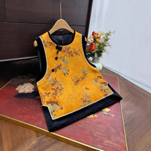 新中式改良唐装提花马甲2025秋季新款丝绒边套头坎肩宽松复古马夹