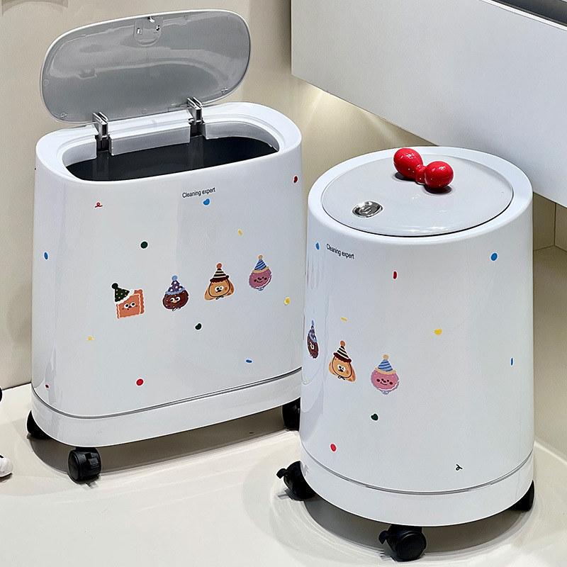 Cream-style movable trash can with wheels and lid for home use in bathroom and living room, high aesthetic appeal, press-type dual-bin trash can Cream-style movable trash can with wheels and lid for home use in bathroom and living room, high aesthetic appeal, press-type dual-bin trash can