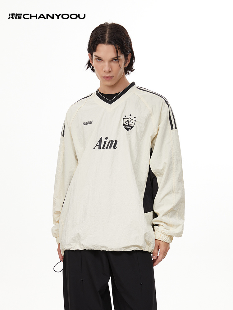 QIANYAO MEN'S | ヨーロッパとアメリカのレトロなコントラストカラーの速乾性長袖Tシャツ、ゆったりとしたレイジースタイルの秋のトレンドジャージスポーツトップ