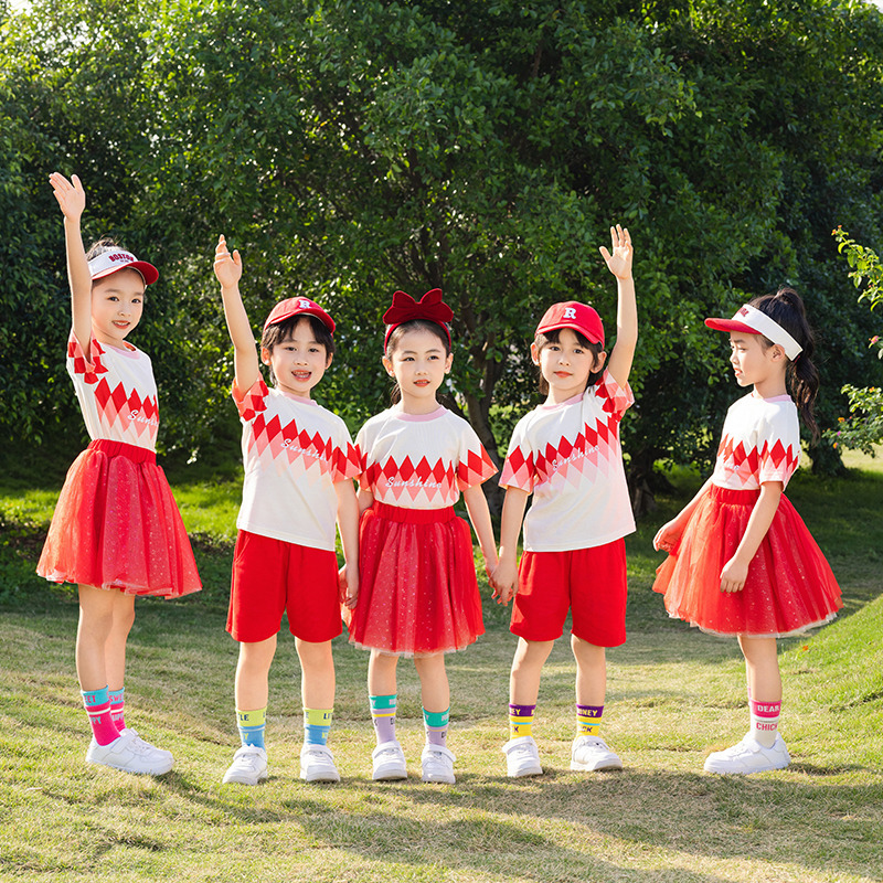 幼兒園園服學院風小學生校服一年級夏季紅色班服六一兒童節演出服
