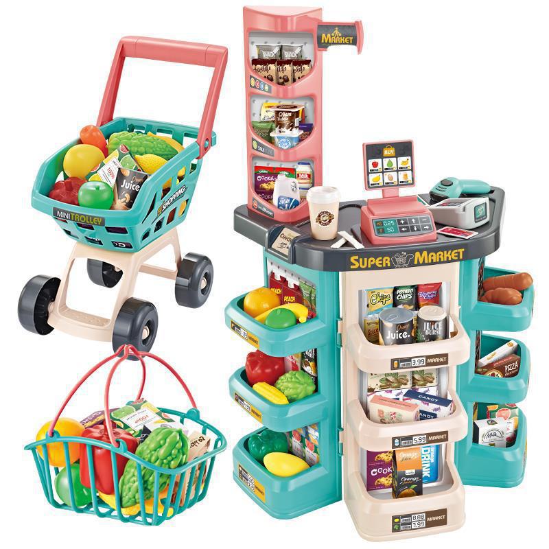 外国貿易児童シミュレーションスーパー販売台ショッピングカートの組み合わせセットはレジのままごとスーパーのおもちゃをスキャンする