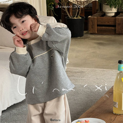 Children's Sweatshirt Spring 2024 New Arrival for Middle Kids, Unisex Sweatshirt, Korean Style, Ribbed Collar, Splicing, Embroidered Top