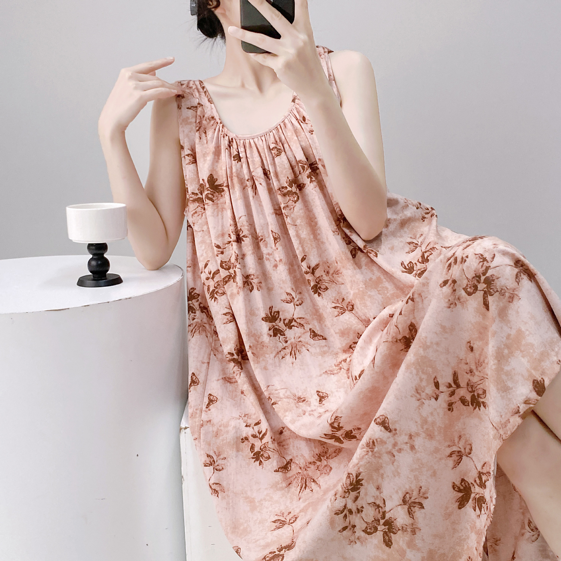 睡裙蝴蝶结背心连衣裙女夏季无袖百褶背心裙沙滩裙度假长裙家居服