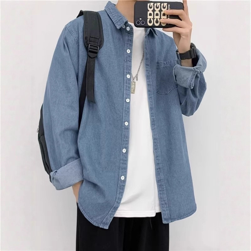 Minimalist Solid Color Washed Denim Shirt Men's Long-Sleeve Ins Work Shirt Casual Versatile Spring and Autumn Thin Jacket