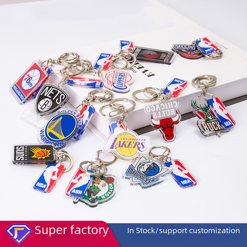 nba Keychain Lakers 76ers Bulls Clippers Basketball Team Logo Acrylic Keychain Wholesale School Bag Pendant