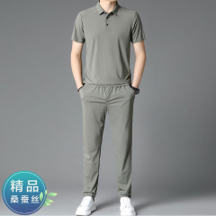 100% 绢糸ビジネスカジュアル半袖スーツ男无痕tシャツポロシャツ2点セット中年お父さん服