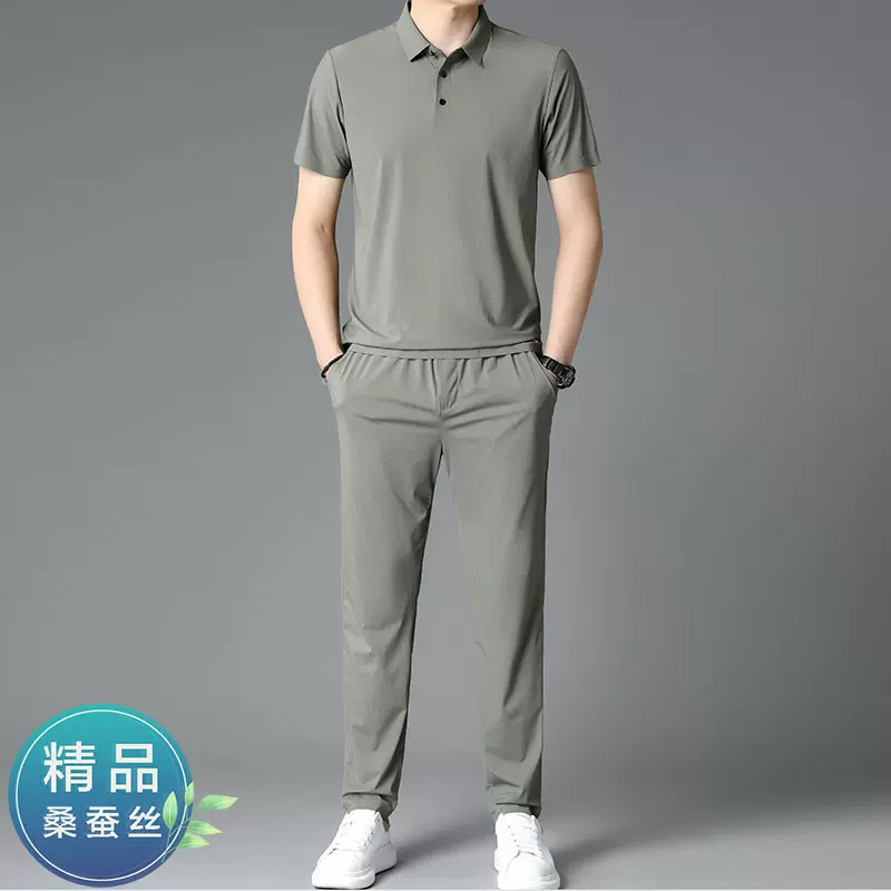 100%桑蚕丝商务休闲短袖套装男无痕t恤polo衫两件套中年爸爸装