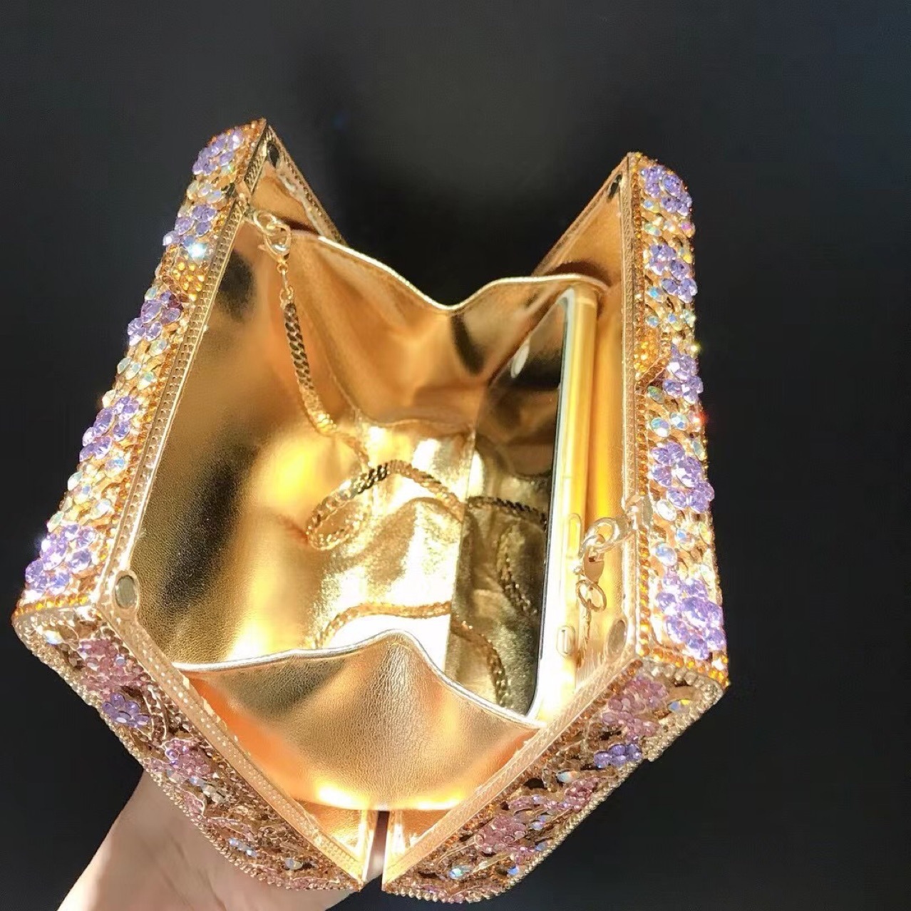 Túi clutch nữ đính đá dạ hội hộp vuông nhỏ hình thang — Màu vàng kim chi tiết 4