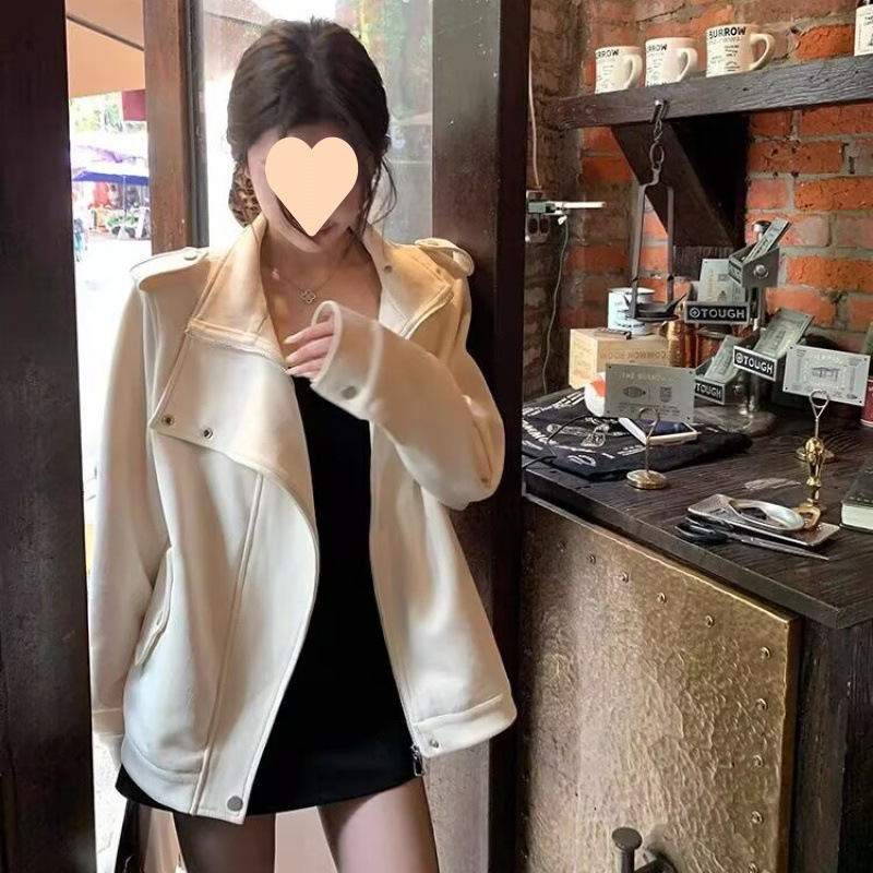小姐姐白巧恋人仿麂皮外套女春秋米白色设计感机车风宽松夹克|undefined