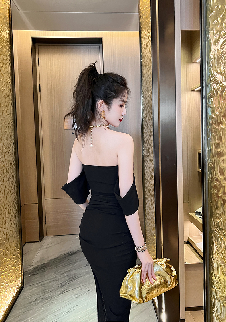 Đầm ôm body nữ trễ vai cổ một đường, phong cách hot girl mùa hè — Màu đen chi tiết 31