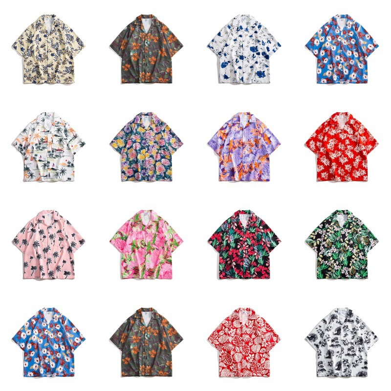 Bali Casual Cuban Collar Shirt Short-sleeved Vintage Floral Print Full-print Beach Vacation Water-splashing Festival for Men and Women Couple