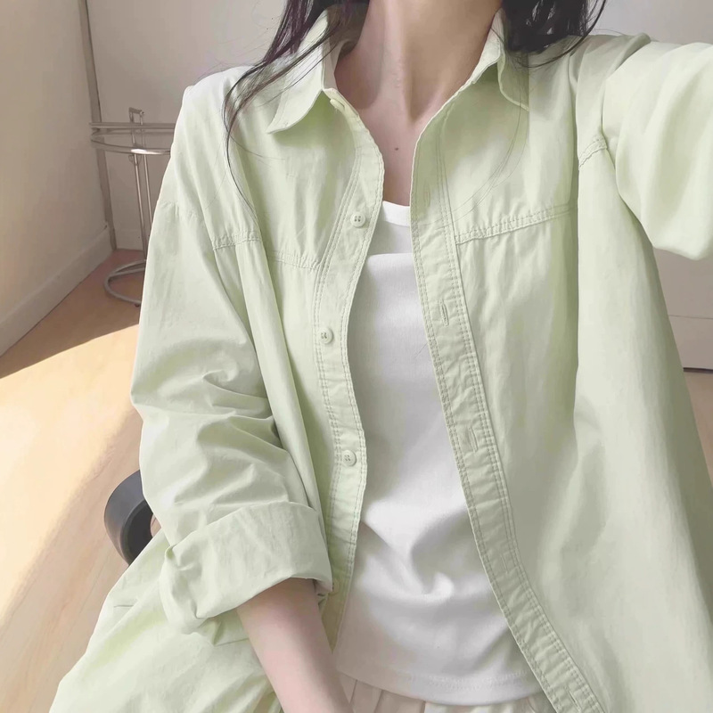 Mint green long-sleeve women's shirt 2026 new spring and autumn loose casual versatile shirt jacket with a unique design Mint green long-sleeve women's shirt 2026 new spring and autumn loose casual versatile shirt jacket with a unique design