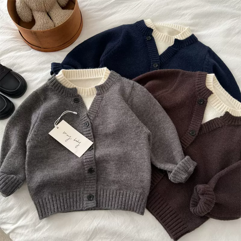 儿童毛衣2025眯眯眼冬季新品男女童假两件撞色毛衣宝宝韩版针织衫