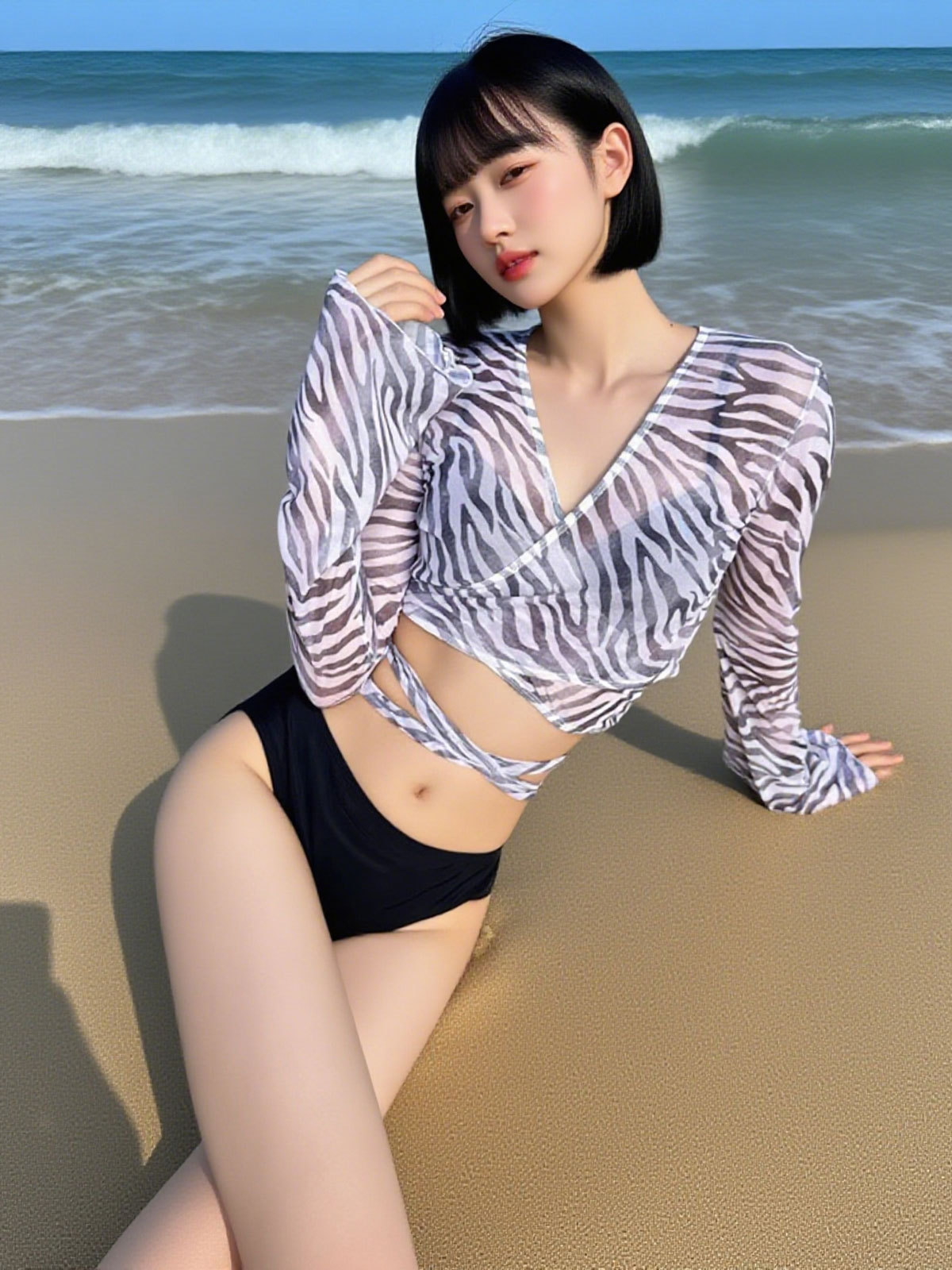 Bikini conservador de tres piezas, blusa de protección solar de manga larga a rayas de cebra, traje de baño dividido, traje de tres piezas para mujer, vacaciones en la isla