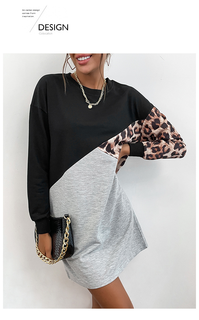 Contrast Color Stitching Leopard Round Neck T-Shirt Dress NSDMB104823