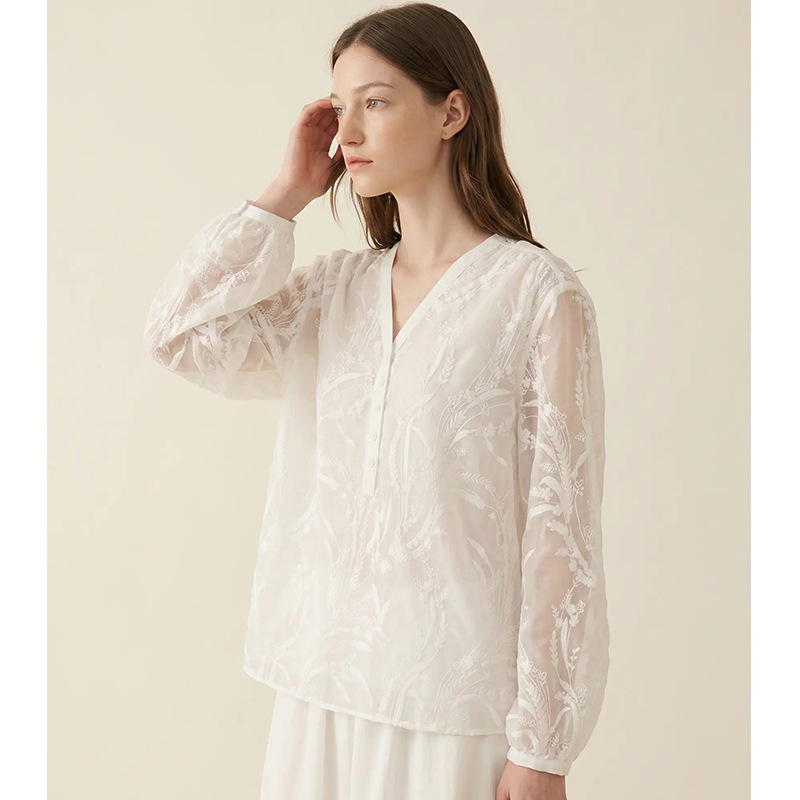 【This Order】26 Summer Style Crepe Embroidered Long-Sleeve Floral Top, Fairy-Like V-Neck Semi-Transparent Chiffon Blouse for Women 【This Order】26 Summer Style Crepe Embroidered Long-Sleeve Floral Top, Fairy-Like V-Neck Semi-Transparent Chiffon Blouse for Women