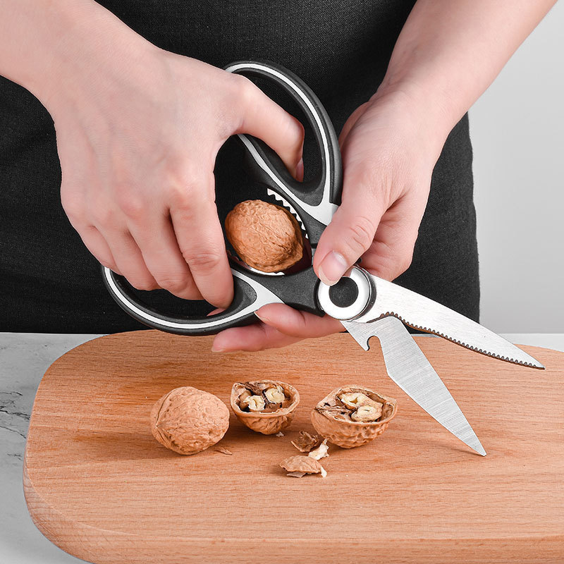 Universal sharp food scissors for home use, bottle opener