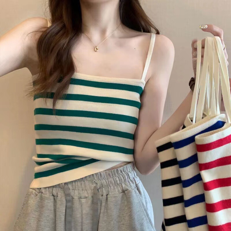 Black and white striped ice silk knitted camisole women's summer inner and outer wear breast-covering sleeveless beauty back bottoming top