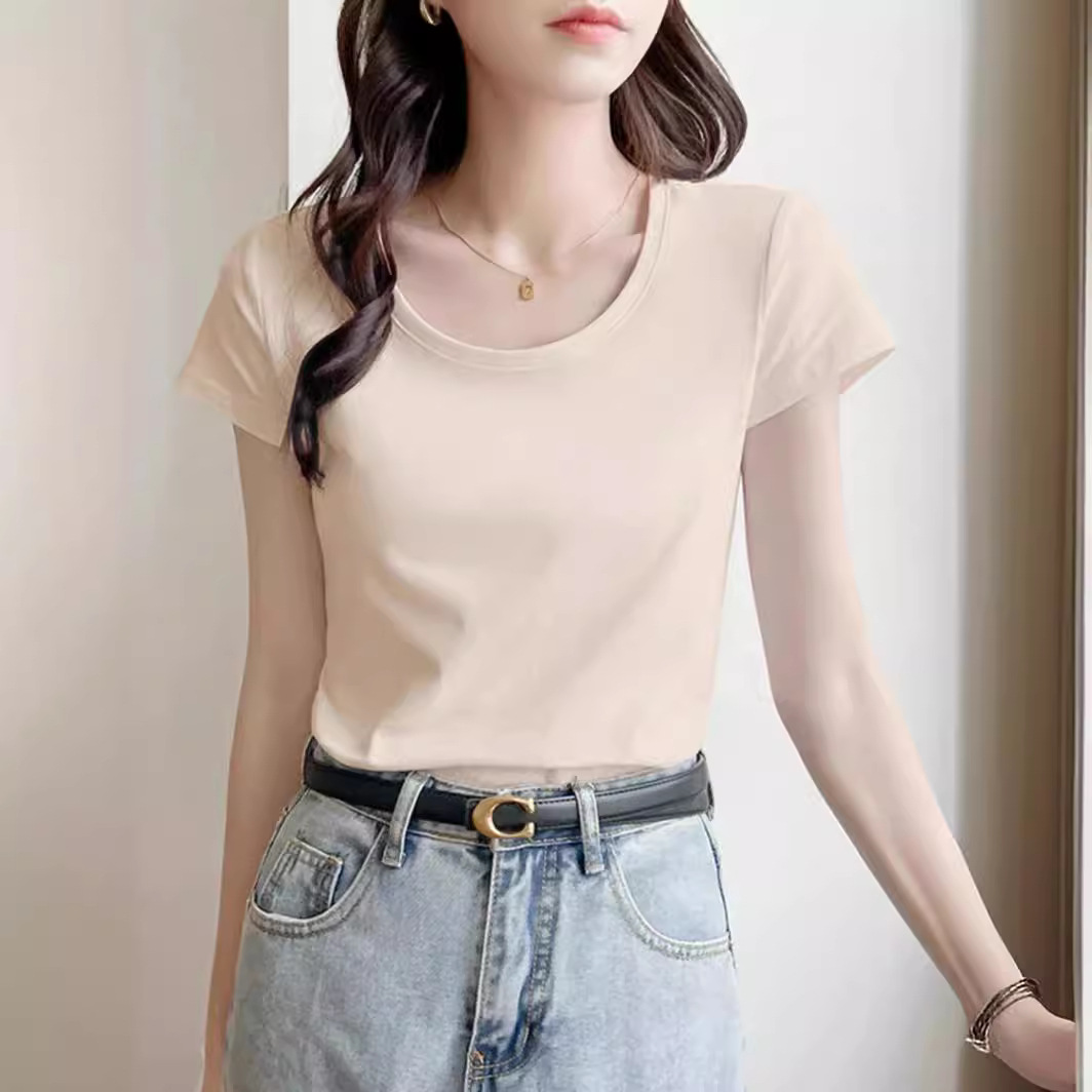 2024 New Spring and Summer Thin Silk T-shirt Women's Slim-fit U-neck Elegant Simple Solid Color All-match Short-sleeved Style